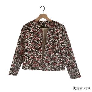 Ann Taylor Off White Red Floral Bird Embroidered Tapestry Jacket Size M Cropped